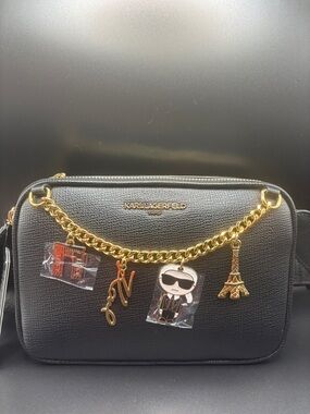 Karl Lagerfeld Black Pebbled Crossbody with Gold Charm Chain